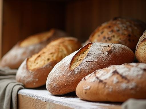 Nybakte brød på en trehylle i bakeriet.