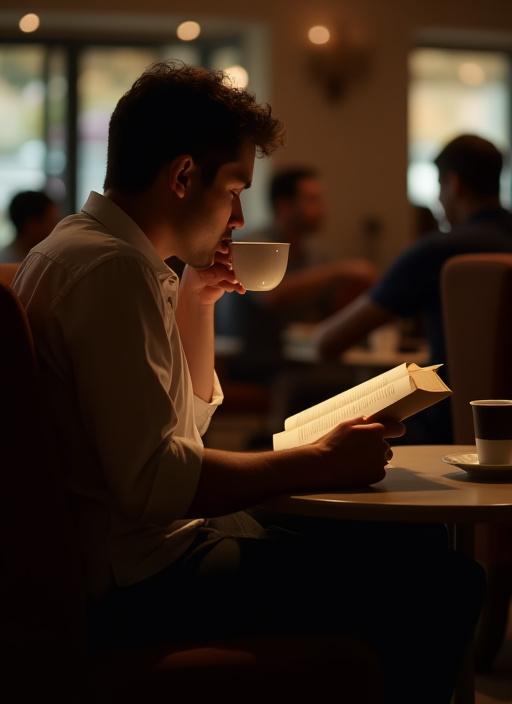 En gjest som slapper av med en bok og en kaffekopp.