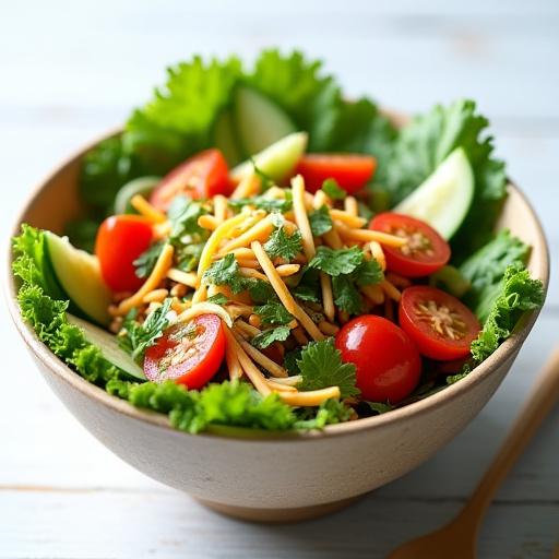 En fargerik og sunn lunsjsalat servert i en moderne bolle.