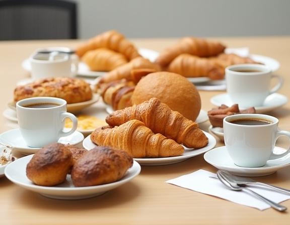 Et utvalg av assortert bakst og kaffe klart for et møte.